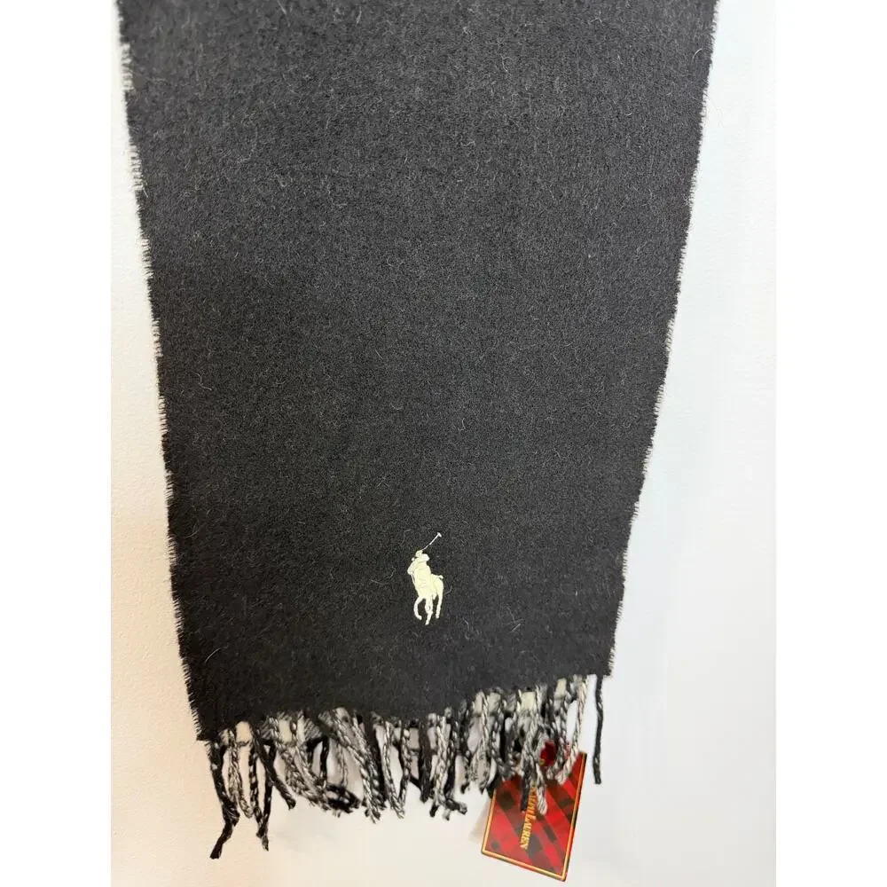 Polo Ralph Lauren Lamb Wool bBlack White Gingham Plaid Fringe Scarf New